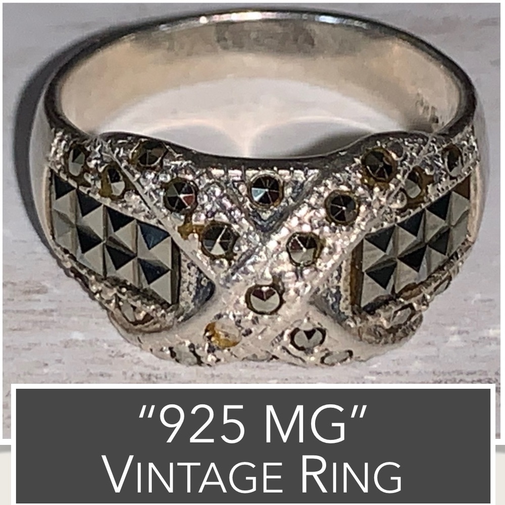 Vintage Art Deco Sterling Silver Ring Set with Marcasites “925 MG” Size 5.5-5.75